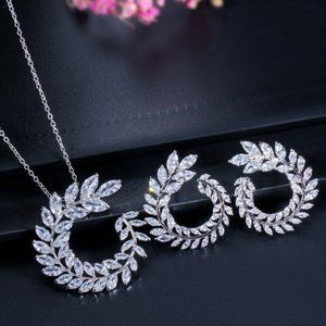 Leaf Design Necklace & Earring Set Made with Swarovski Elements in Rhodium overl